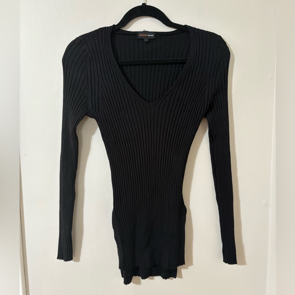 Ambiance Black Ribbed V-Neck